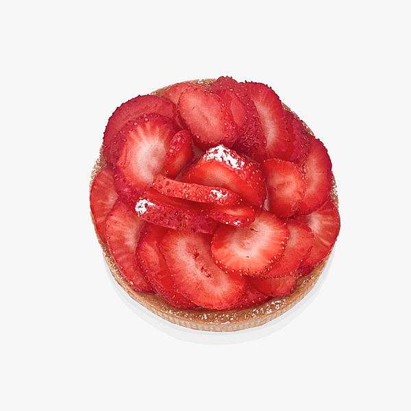 Bilde av en vegansk jordbærterte med vaniljekjrem og havrekjeks. 